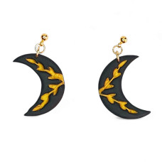 Κρεμαστά σκουλαρίκια ανάγλυφα φεγγάρια σε μαύρο χρυσό από πολυμερικό πηλό Gold elegant lux