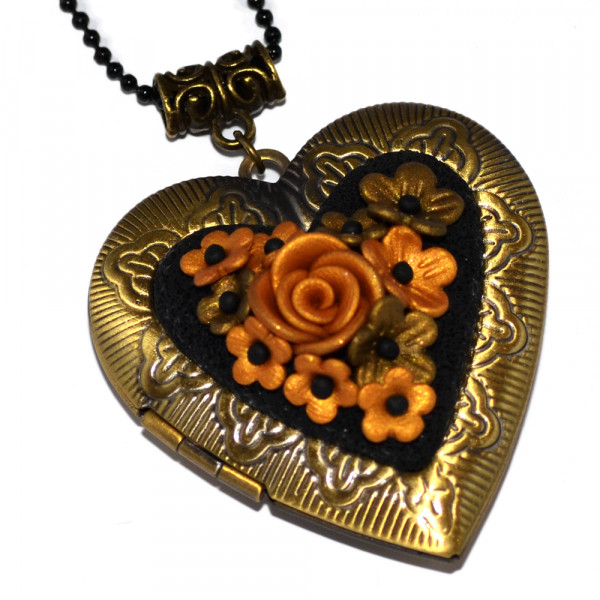 Μεγάλο μενταγιόν locket καρδιά Black n Gold Bloom